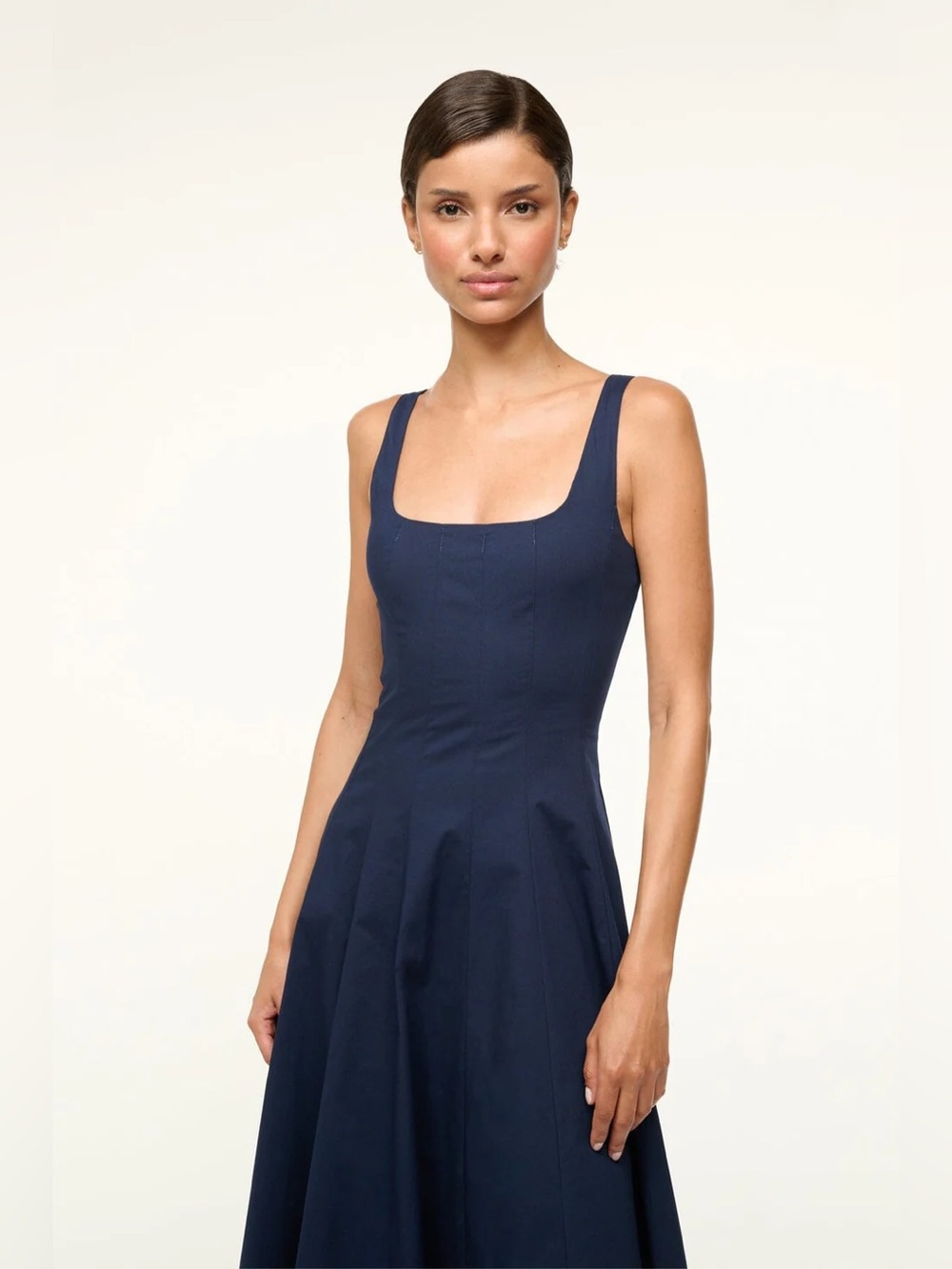 new Staud Wells paneled cotton poplin midi dress in navy blue - Picture 3 of 8